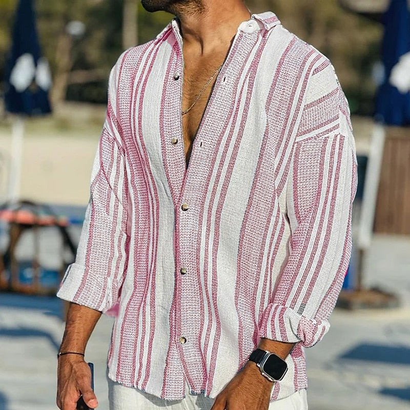 Leinenhemd – Gestreiftes Langarm-Hemd mit Knopfleiste für Herren-Rosa-S-Chaps Herrenmode