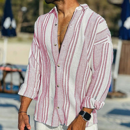 Leinenhemd – Gestreiftes Langarm-Hemd mit Knopfleiste für Herren-Rosa-S-Chaps Herrenmode