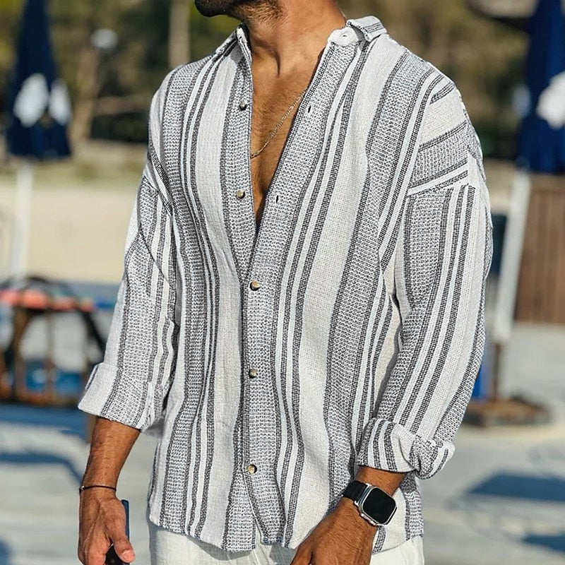 Leinenhemd – Gestreiftes Langarm-Hemd mit Knopfleiste für Herren-Schwarz-S-Chaps Herrenmode