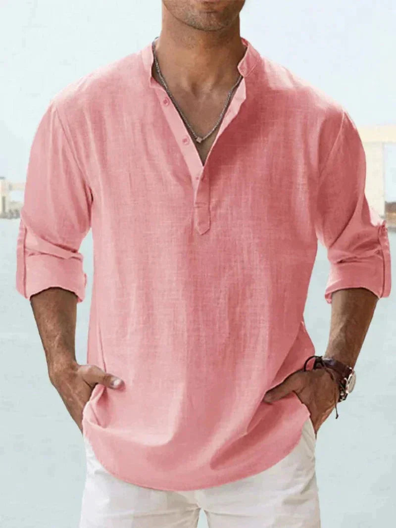 Leinenhemd | Halbknopfleiste | Langarm | Sommerhemd | Herrenhemd-Rosa-S-Chaps Herrenmode
