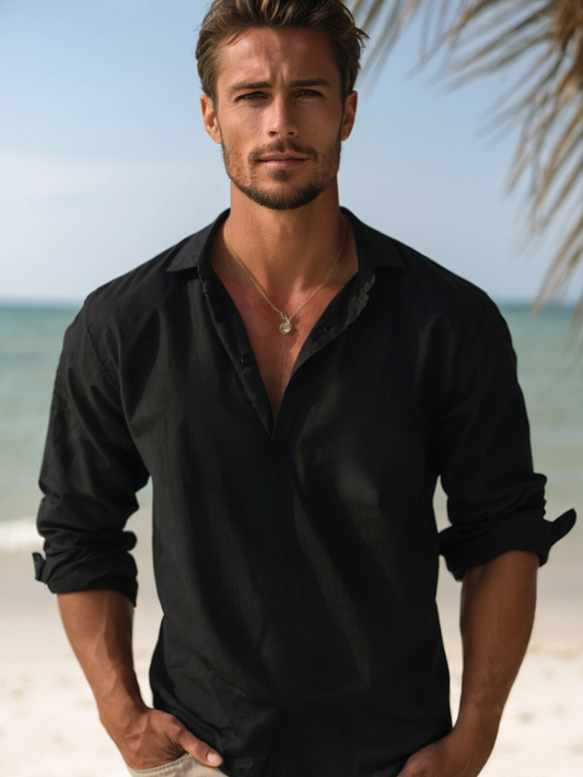 Leinenhemd | Halbknopfleiste | Langarm | Sommerhemd | Herrenhemd-Schwarz-S-Chaps Herrenmode
