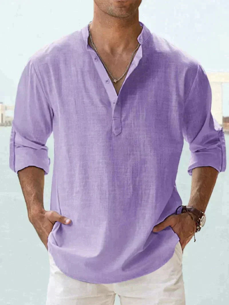Leinenhemd | Halbknopfleiste | Langarm | Sommerhemd | Herrenhemd-Violett-S-Chaps Herrenmode
