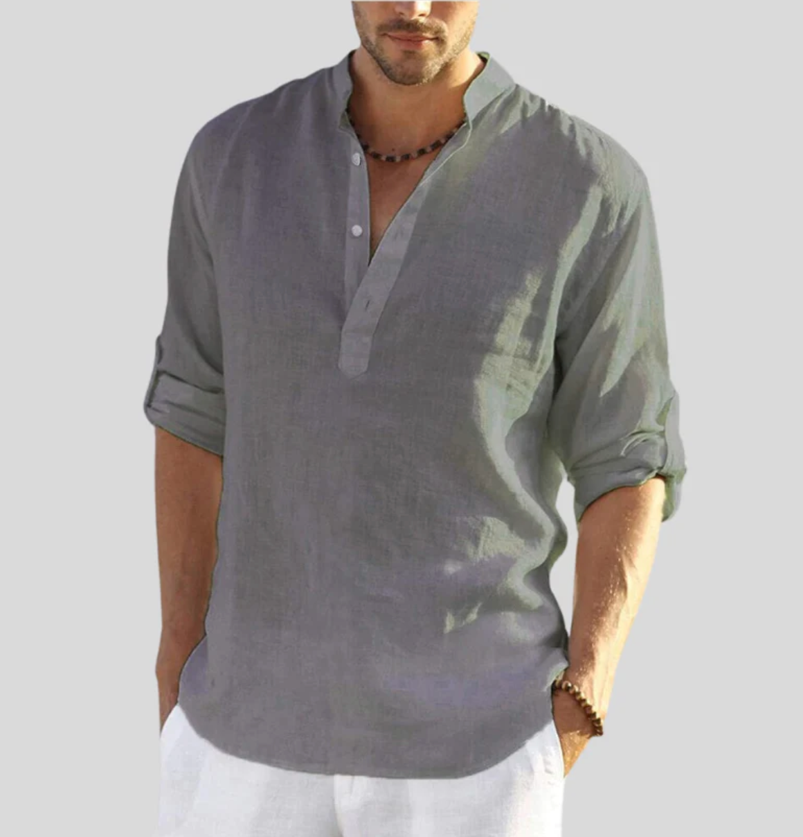 Leinenhemd - Herrenhemd mit langen Ärmeln und halber Knopfleiste für den Sommer-Grau-XS-Chaps Herrenmode