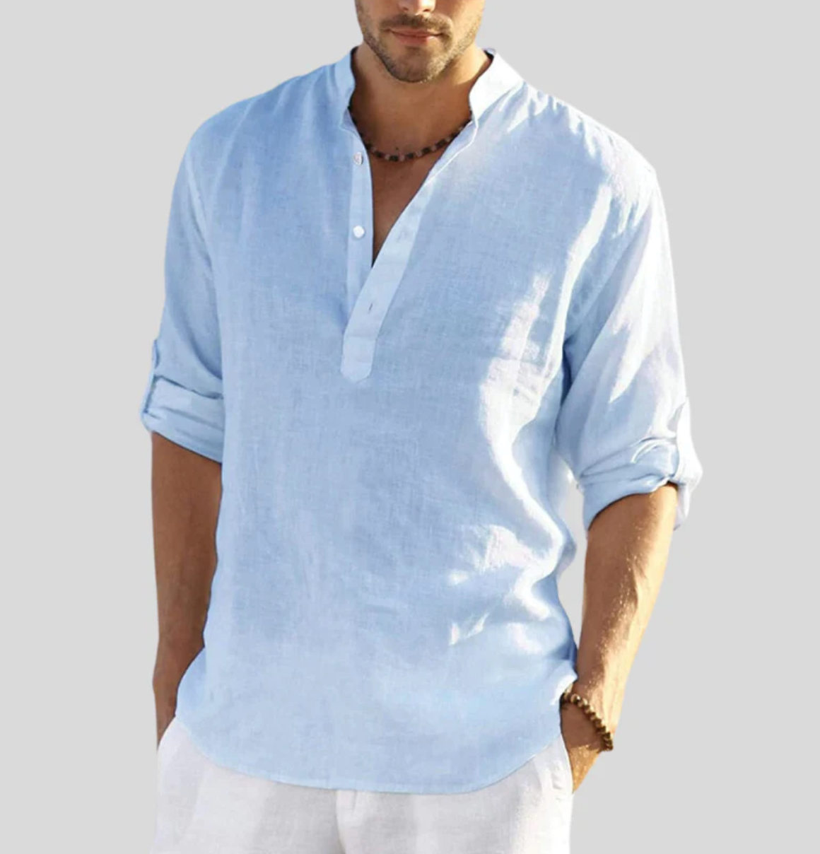 Leinenhemd - Herrenhemd mit langen Ärmeln und halber Knopfleiste für den Sommer-Hellblau-XS-Chaps Herrenmode