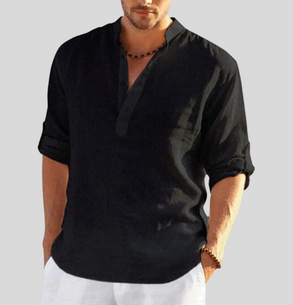 Leinenhemd - Herrenhemd mit langen Ärmeln und halber Knopfleiste für den Sommer-Schwarz-XS-Chaps Herrenmode