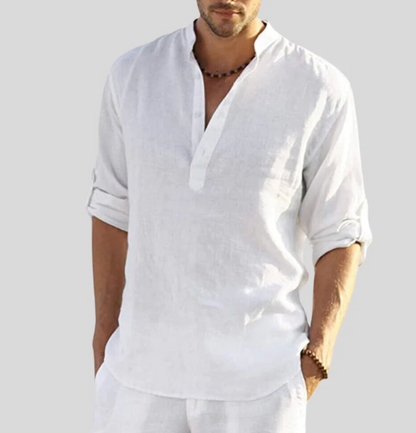 Leinenhemd - Herrenhemd mit langen Ärmeln und halber Knopfleiste für den Sommer-Weiß-XS-Chaps Herrenmode