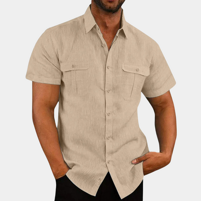 Leinenhemd - Kurzarm - Brusttaschen - Hemden Button-Up - Herrenhemd-Aprikose-M-Chaps Herrenmode