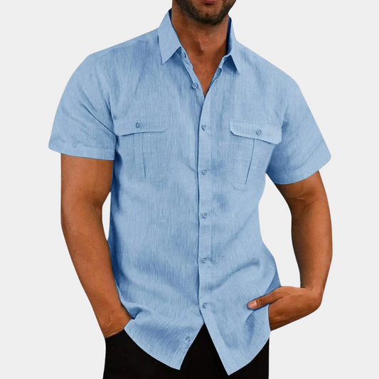 Leinenhemd - Kurzarm - Brusttaschen - Hemden Button-Up - Herrenhemd-Hellblau-M-Chaps Herrenmode