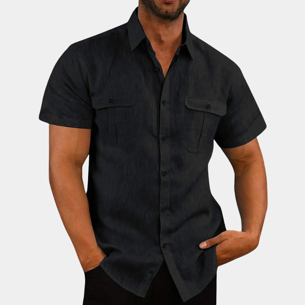 Leinenhemd - Kurzarm - Brusttaschen - Hemden Button-Up - Herrenhemd-Schwarz-M-Chaps Herrenmode