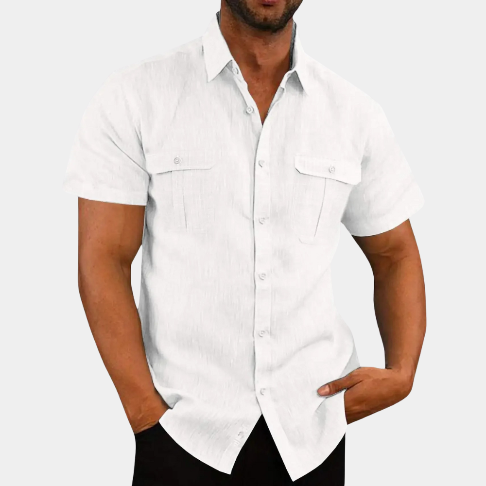 Leinenhemd - Kurzarm - Brusttaschen - Hemden Button-Up - Herrenhemd-Weiß-M-Chaps Herrenmode