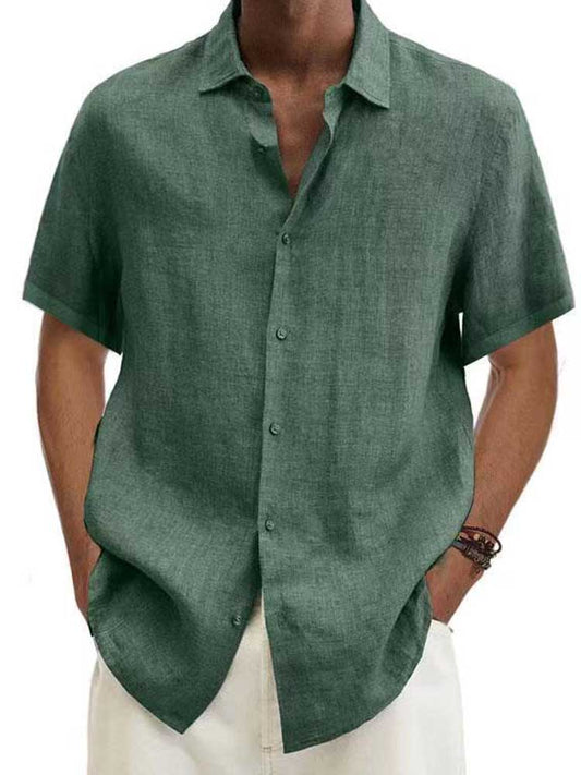 Leinenhemd – Kurzärmeliges Baumwollhemd mit Knöpfen für Männer für den Sommer-Grün-S-Chaps Herrenmode