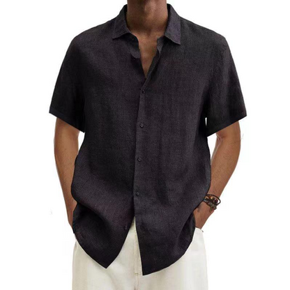 Leinenhemd – Kurzärmeliges Baumwollhemd mit Knöpfen für Männer für den Sommer-Schwarz-S-Chaps Herrenmode