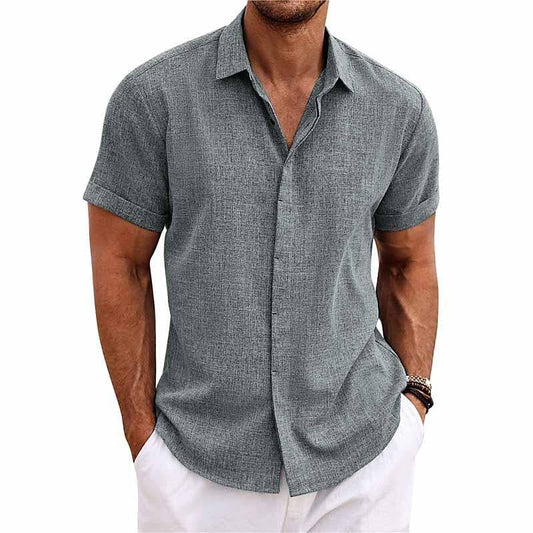 Leinenhemd - Kurzärmeliges Sommerhemd mit Knopfleiste für Männer-Grau-S-Chaps Herrenmode