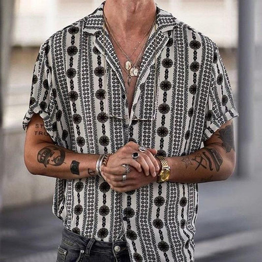 Leinenhemd – Kurzärmliges Sommerhemd mit Knopfleiste für Herren-Weiß/Schwarz-S-Chaps Herrenmode