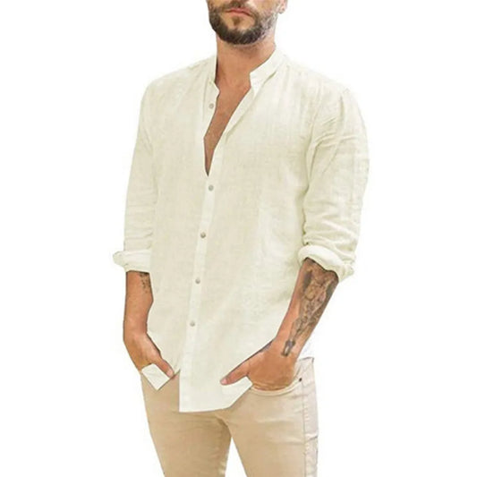 Leinenhemd – Langarm – Knopfleiste – Sommerhemd – Herrenhemden-Beige-S-Chaps Herrenmode
