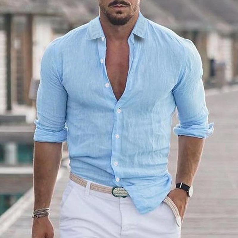 Leinenhemd – Langarm – Leicht – Hemd mit Knopfleiste – Herrenhemden-Blau-S-Chaps Herrenmode