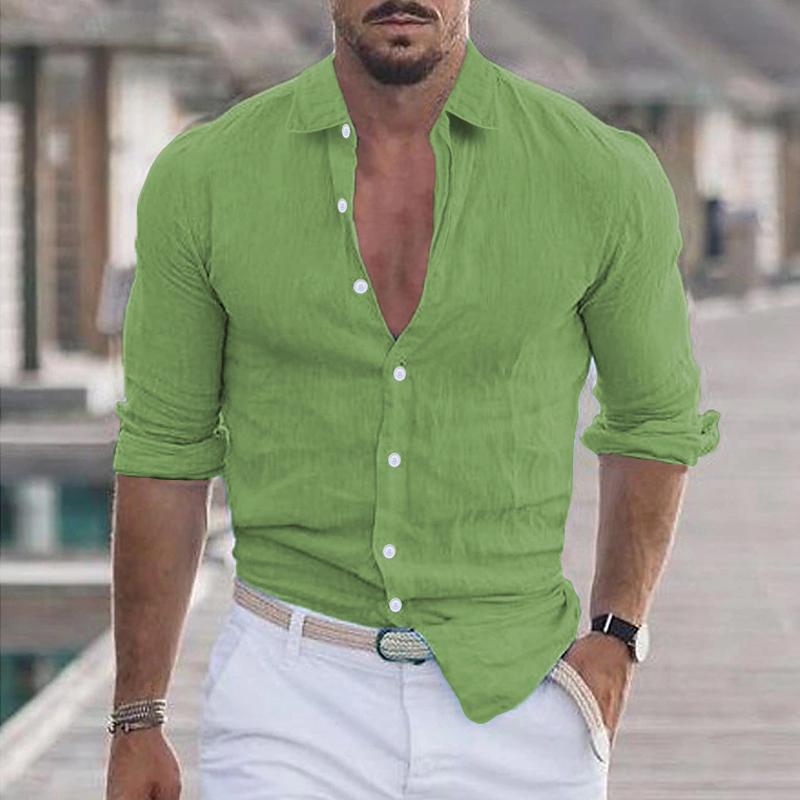 Leinenhemd – Langarm – Leicht – Hemd mit Knopfleiste – Herrenhemden-Grün-S-Chaps Herrenmode