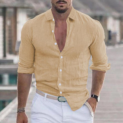 Leinenhemd – Langarm – Leicht – Hemd mit Knopfleiste – Herrenhemden-Khaki-S-Chaps Herrenmode