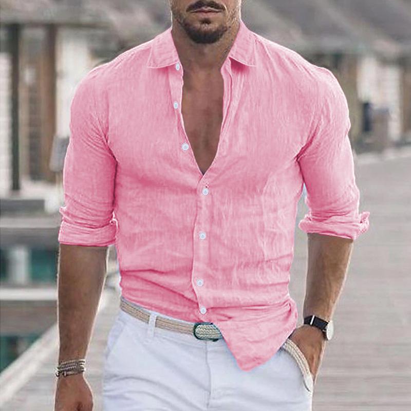 Leinenhemd – Langarm – Leicht – Hemd mit Knopfleiste – Herrenhemden-Rosa-S-Chaps Herrenmode