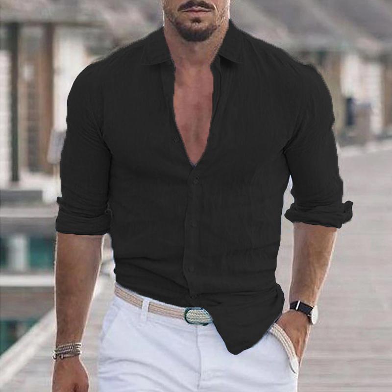 Leinenhemd – Langarm – Leicht – Hemd mit Knopfleiste – Herrenhemden-Schwarz-S-Chaps Herrenmode