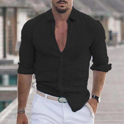 Leinenhemd – Langarm – Leicht – Hemd mit Knopfleiste – Herrenhemden-Schwarz-S-Chaps Herrenmode