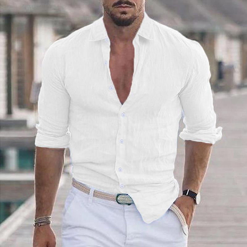 Leinenhemd – Langarm – Leicht – Hemd mit Knopfleiste – Herrenhemden-Weiß-S-Chaps Herrenmode