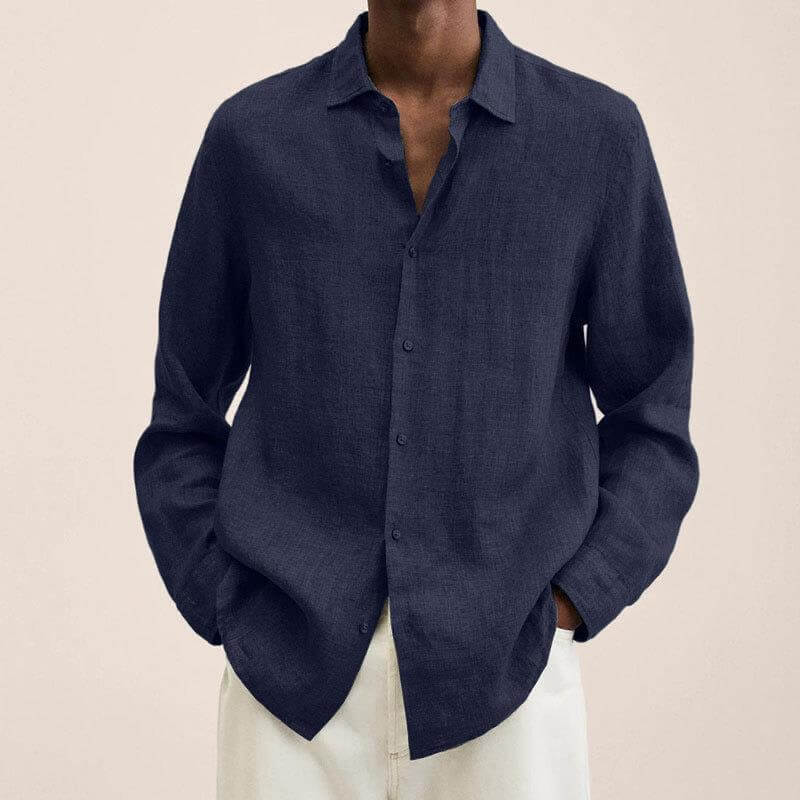 Leinenhemd | Langarm | Loose Fit | Button-Up Hemd - Herrenhemd-Marineblau-M-Chaps Herrenmode
