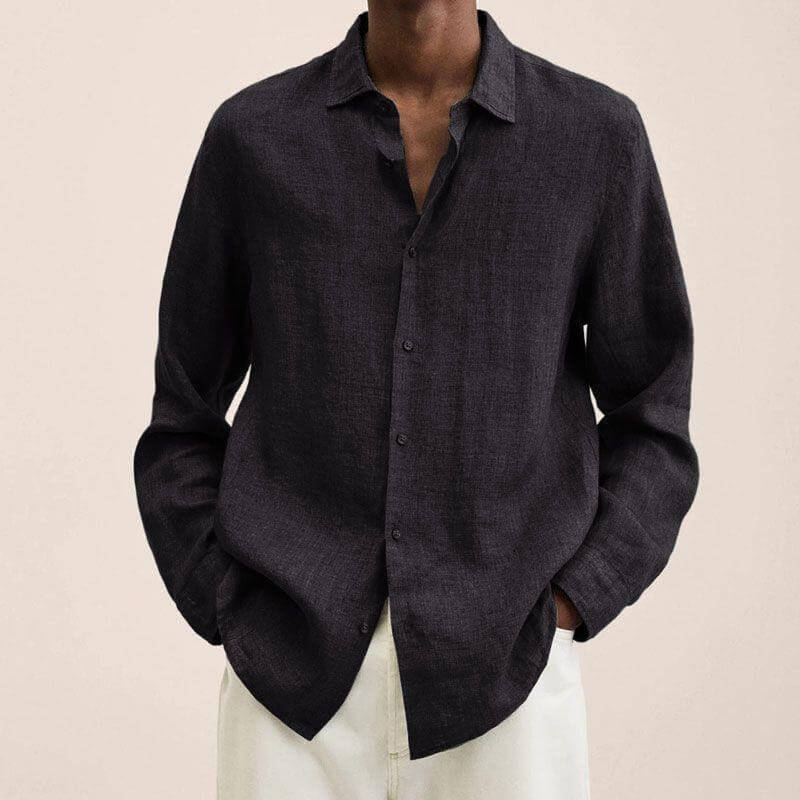 Leinenhemd | Langarm | Loose Fit | Button-Up Hemd - Herrenhemd-Schwarz-M-Chaps Herrenmode