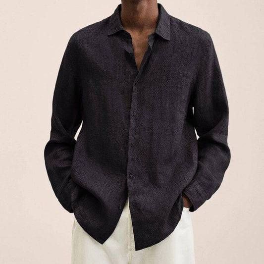 Leinenhemd | Langarm | Loose Fit | Button-Up Hemd - Herrenhemd-Schwarz-M-Chaps Herrenmode