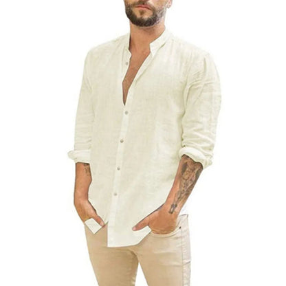 Leinenhemd | Leicht | Langarm | Knopfleiste | Sommerhemden für Männer-Beige-S-Chaps Herrenmode