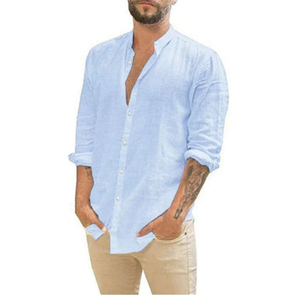 Leinenhemd | Leicht | Langarm | Knopfleiste | Sommerhemden für Männer-Hellblau-S-Chaps Herrenmode