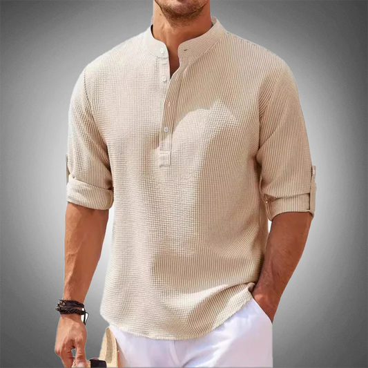 Leinenhemd – Leichtes Baumwollhemd für Herren mit halber Knopfleiste-Beige-S-Chaps Herrenmode