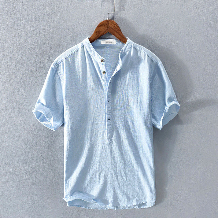 Leinenhemd – Leichtes Herrenhemd mit Knöpfen und kurzen Ärmeln für den Sommer-Hellblau-M-Chaps Herrenmode