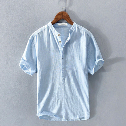 Leinenhemd – Leichtes Herrenhemd mit Knöpfen und kurzen Ärmeln für den Sommer-Hellblau-M-Chaps Herrenmode