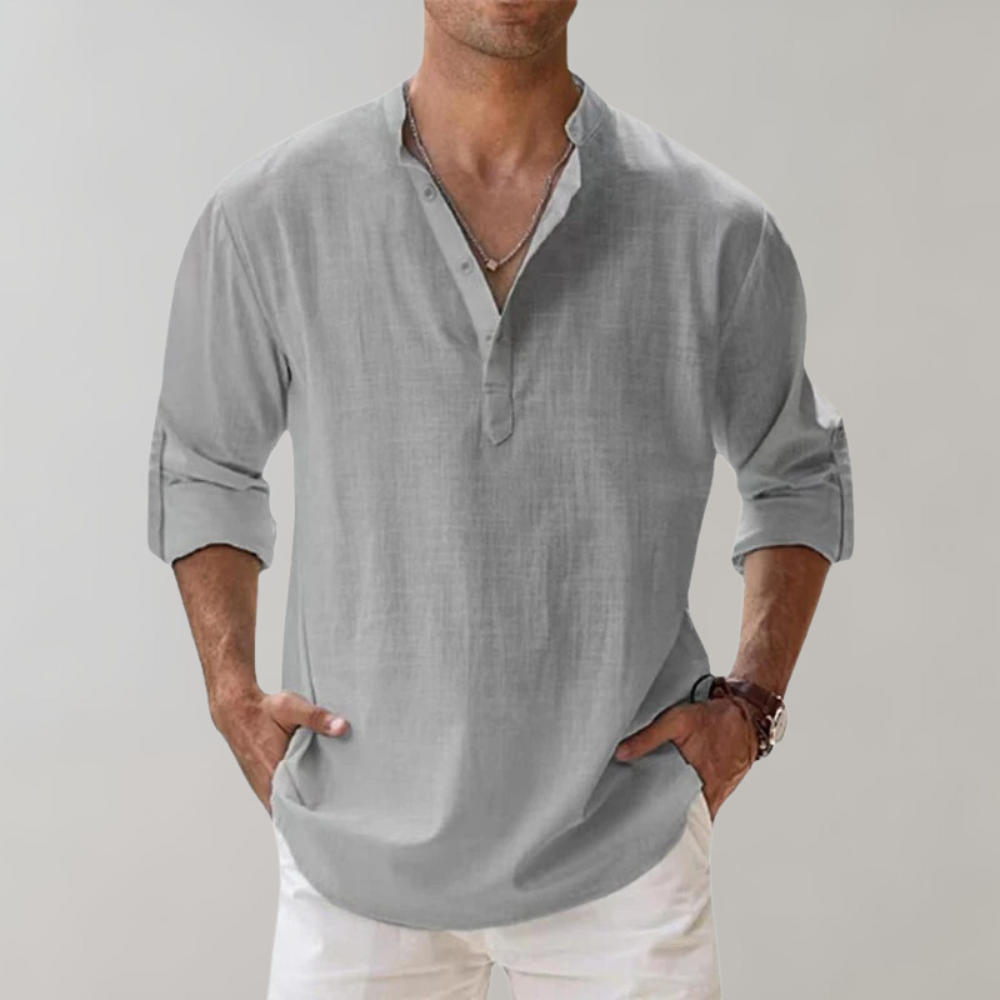 Leinenhemd - Leichtes Herrenhemd mit halber Knopfleiste und langen Ärmeln für den Sommer-Grau-S-Chaps Herrenmode
