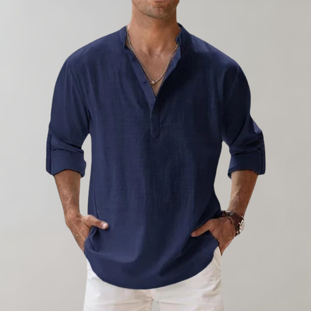 Leinenhemd - Leichtes Herrenhemd mit halber Knopfleiste und langen Ärmeln für den Sommer-Marineblau-S-Chaps Herrenmode