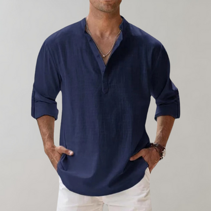 Leinenhemd - Leichtes Herrenhemd mit halber Knopfleiste und langen Ärmeln für den Sommer-Marineblau-S-Chaps Herrenmode