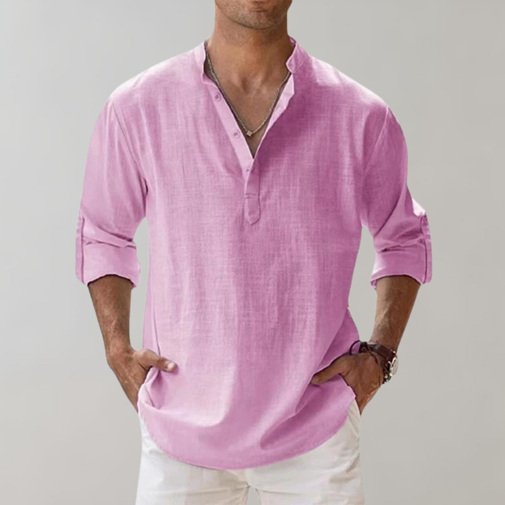 Leinenhemd - Leichtes Herrenhemd mit halber Knopfleiste und langen Ärmeln für den Sommer-Rosa-S-Chaps Herrenmode