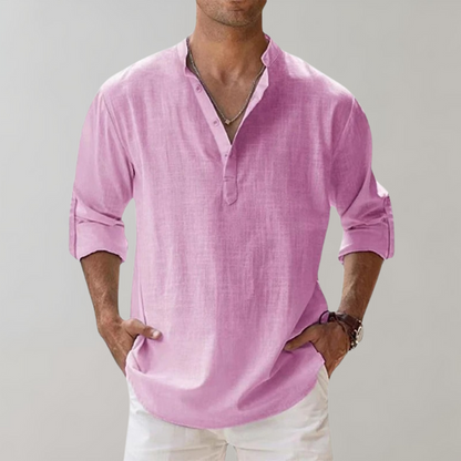 Leinenhemd - Leichtes Herrenhemd mit halber Knopfleiste und langen Ärmeln für den Sommer-Rosa-S-Chaps Herrenmode