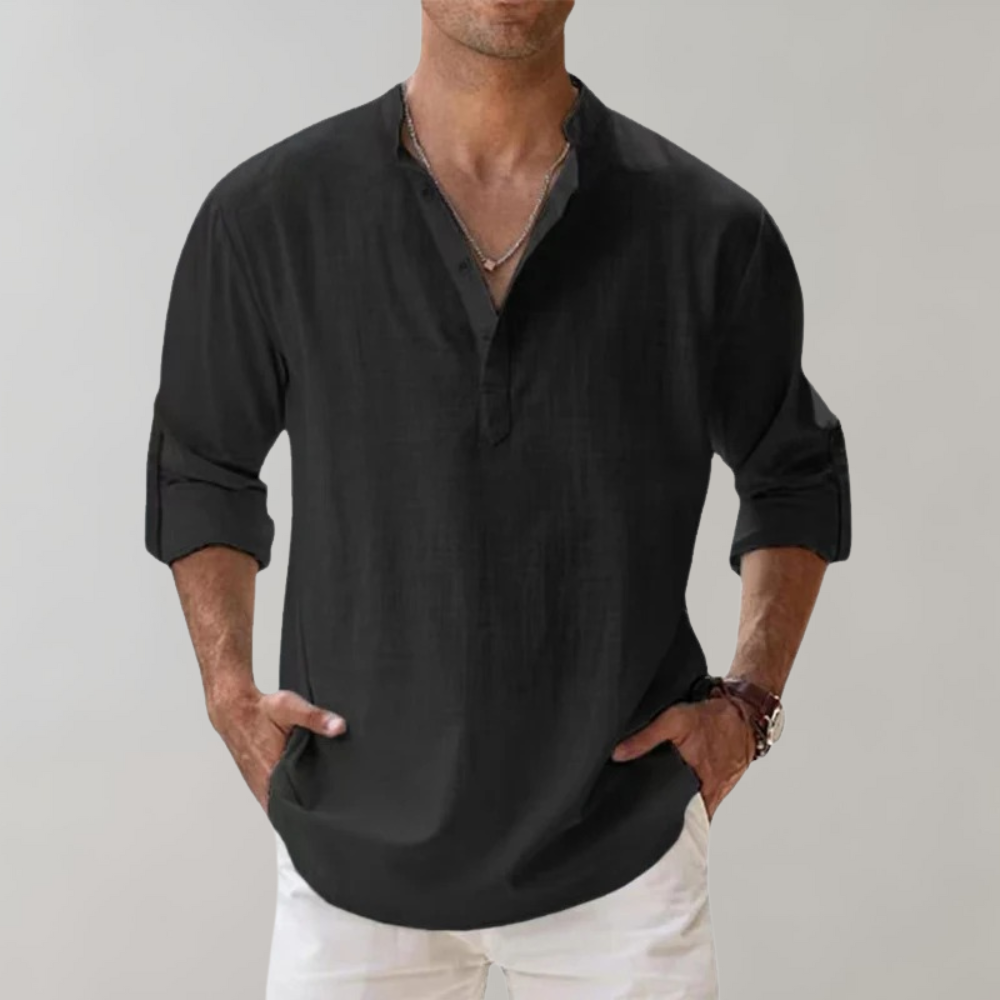 Leinenhemd - Leichtes Herrenhemd mit halber Knopfleiste und langen Ärmeln für den Sommer-Schwarz-S-Chaps Herrenmode
