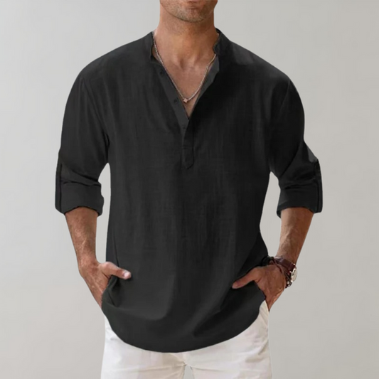 Leinenhemd - Leichtes Herrenhemd mit halber Knopfleiste und langen Ärmeln für den Sommer-Schwarz-S-Chaps Herrenmode