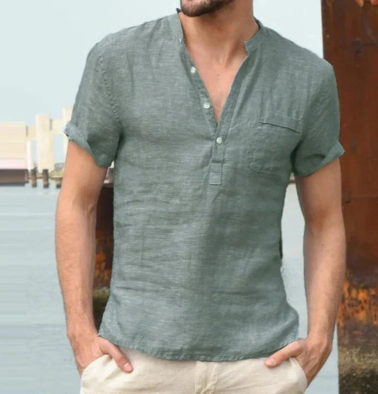 Leinenhemd – Leichtes, lässiges Kurzarm-T-Shirt für Männer-Grün-S-Chaps Herrenmode