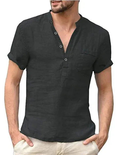Leinenhemd – Leichtes, lässiges Kurzarm-T-Shirt für Männer-Schwarz-S-Chaps Herrenmode