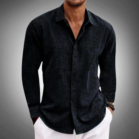 Leinenhemd - Sommer - Lange Ärmel - Hemd mit Knopfleiste - Herrenhemd-Schwarz-S-Chaps Herrenmode