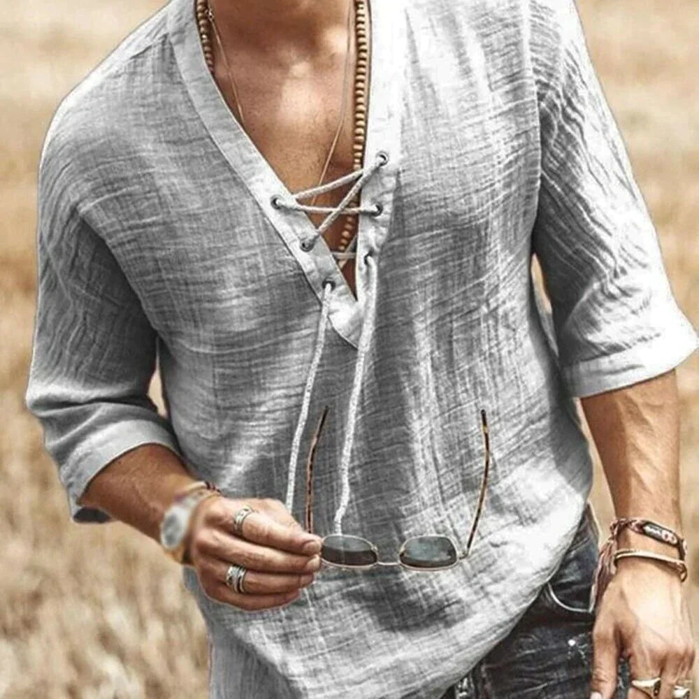 Leinenhemd | V-Ausschnitt | Halbarm | Sommerhemd | Herrenhemd-Grau-XS-Chaps Herrenmode