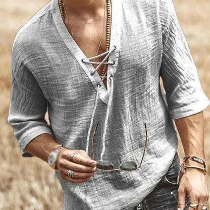 Leinenhemd | V-Ausschnitt | Halbarm | Sommerhemd | Herrenhemd-Grau-XS-Chaps Herrenmode