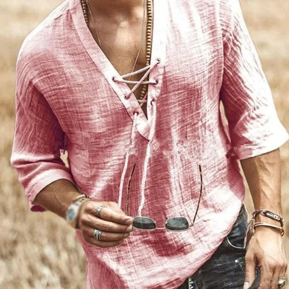 Leinenhemd | V-Ausschnitt | Halbarm | Sommerhemd | Herrenhemd-Rosa-XS-Chaps Herrenmode
