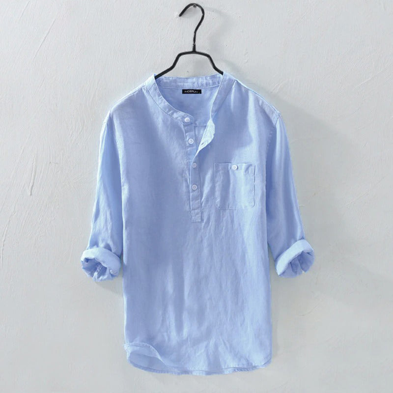 Leinenhemd | Zugeknöpft | Langarm | Sommerhemd | Herrenhemd-Blau-S-Chaps Herrenmode