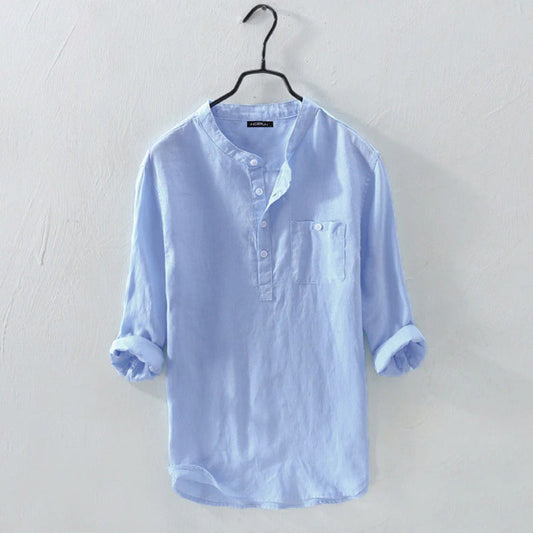 Leinenhemd | Zugeknöpft | Langarm | Sommerhemd | Herrenhemd-Blau-S-Chaps Herrenmode