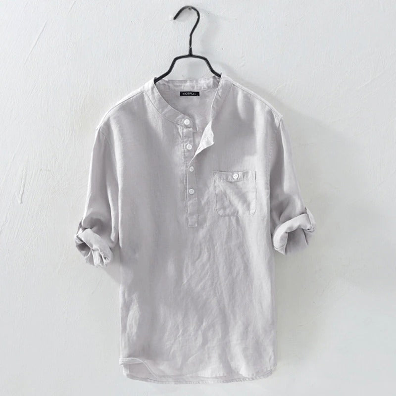 Leinenhemd | Zugeknöpft | Langarm | Sommerhemd | Herrenhemd-Grau-S-Chaps Herrenmode